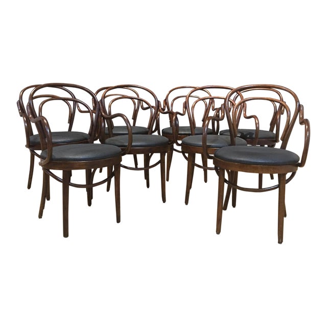Mid-Century Modern Bentwood Dining Chairs With Black Upholstery by Shelby Williams- Set of 8 For Sale