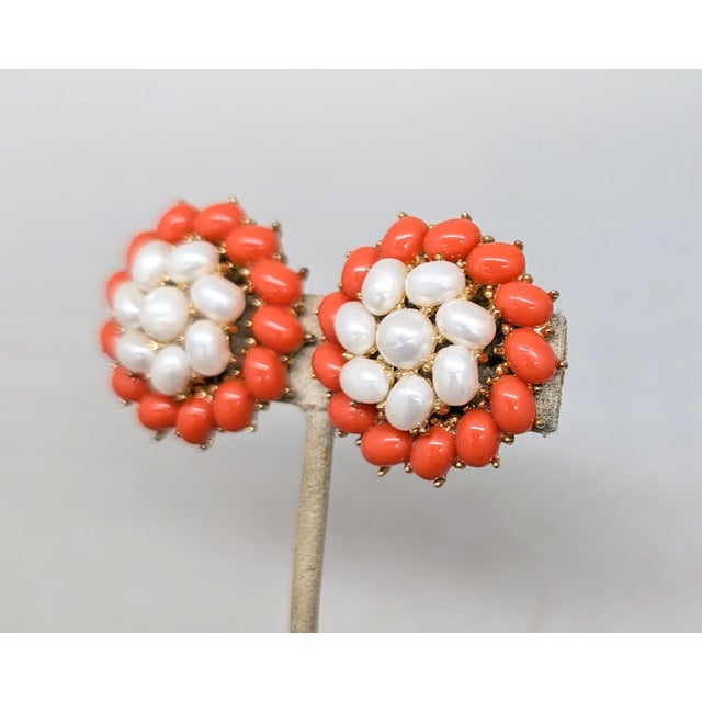 Trifari Vintage 1958 Signed Crown Trifari Faux-Coral & Pearl Clip Earrings-2 Pieces For Sale - Image 4 of 8