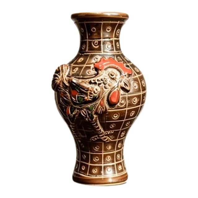 Chinese Ceramic Vase,Brown Glaze Porcelain Vase Hand Carved Cock Pattern For Sale