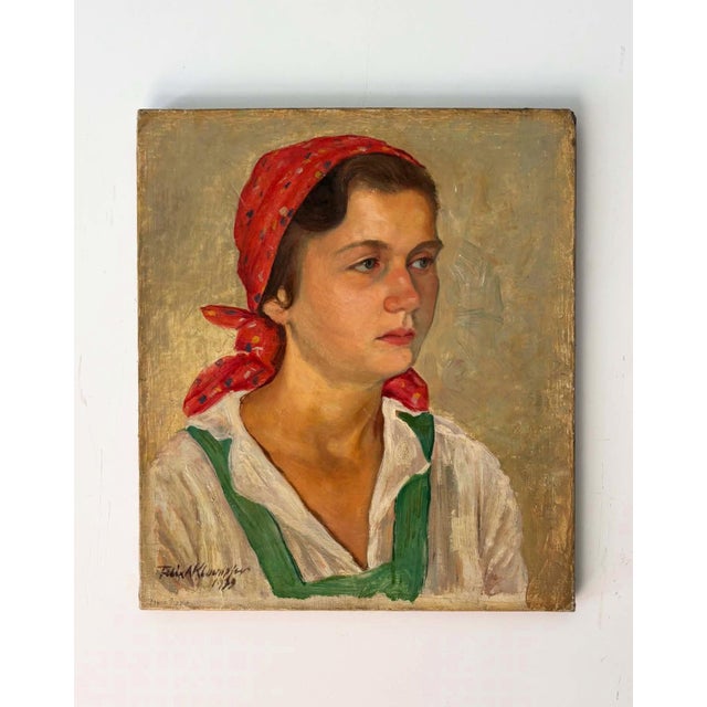 Farmer Woman with Red Headscarf, 1939, Oil on Canvas For Sale - Image 7 of 9