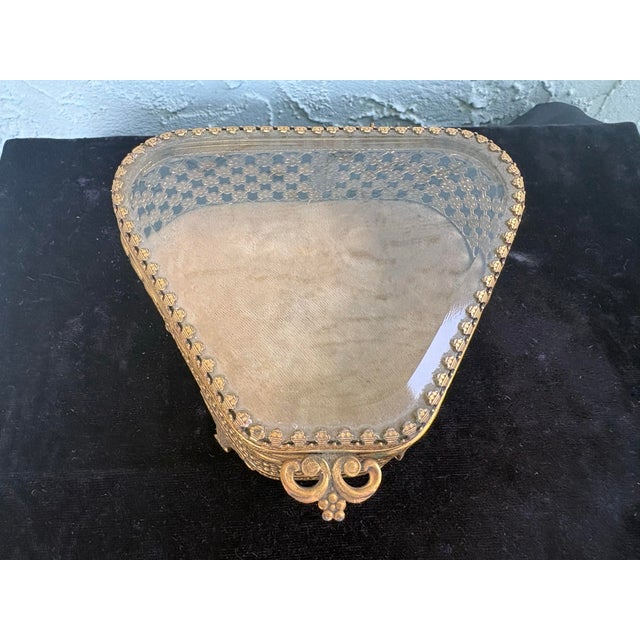 Vintage Gilt Ormolu Jewelry Box With Beveled Glass Top and Velvet Interior For Sale - Image 4 of 10