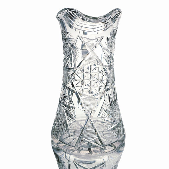 Traditional American Brilliant Cut Glass Pitcher Antique Abp Pinwheel Pattern Step Mouth & Hobstar Handle For Sale - Image 3 of 12