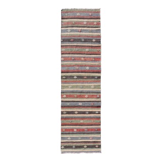 Turkish Vintage Kilim Striped Runner With Tribal Motifs in Copper and Greens For Sale