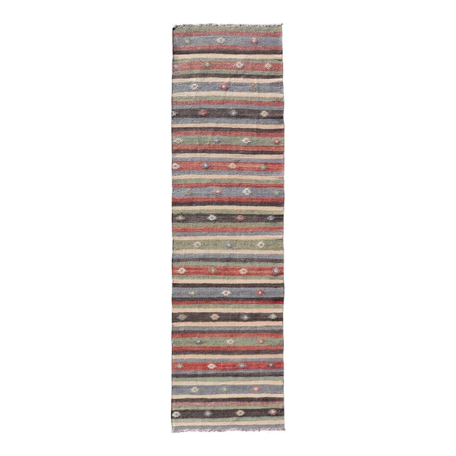 Turkish Vintage Kilim Striped Runner With Tribal Motifs in Copper and Greens For Sale