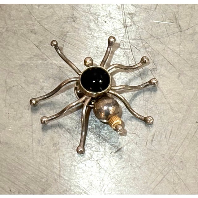 Native American Silver Metal & Onyx Spider Brooch For Sale - Image 3 of 4