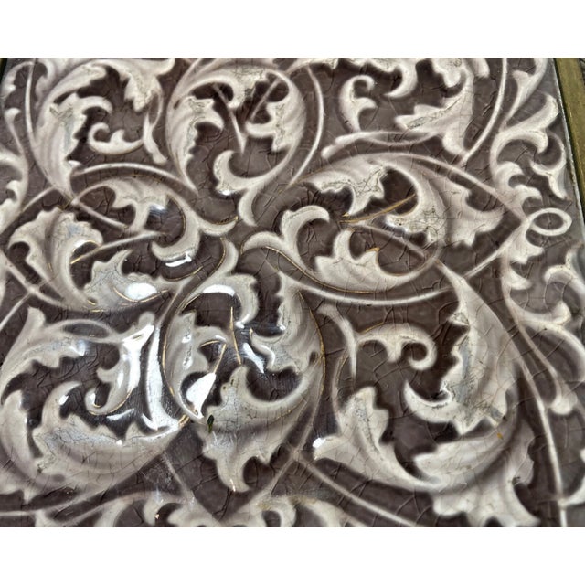 19th Century Rare Antique Handmade Providential Pottery Glazed Bronze Tile Trivet Base Stand For Sale - Image 5 of 11