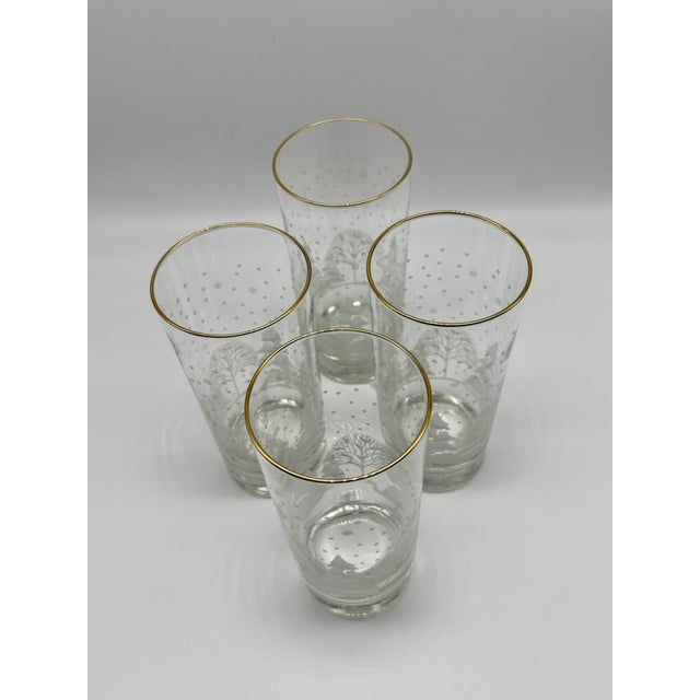 1980s Vintage Libbey "Pines" Etched & Gold Rimmed Winter Scene Highball Glasses Set of 4 For Sale - Image 5 of 17
