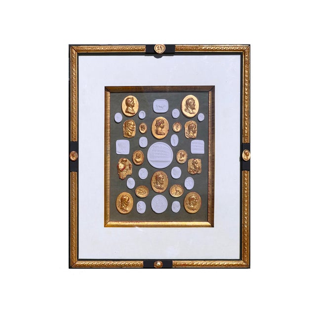 Neoclassical Revival Parcel Gilt and Painted Shadow Box Frame With Grand Tour Gilded & Plaster Intaglio Set For Sale - Image 4 of 11