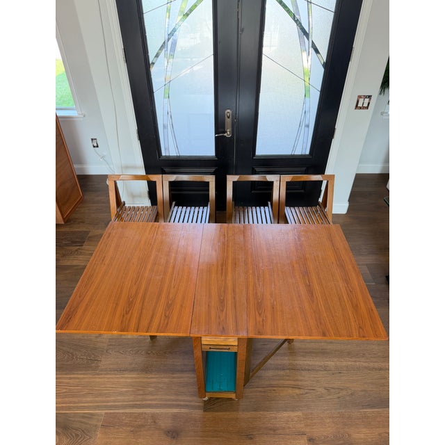 Mid-Century Modern 1960s Romanian Mid-Century Modern Teak Space Saver Dining Table With Four Hidden Nesting Chairs For Sale - Image 3 of 17