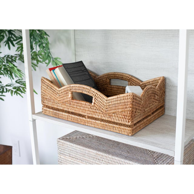 Boho Chic Artifacts Rattan Rectangular Scalloped Shelf Basket - Honey Brown For Sale - Image 3 of 7