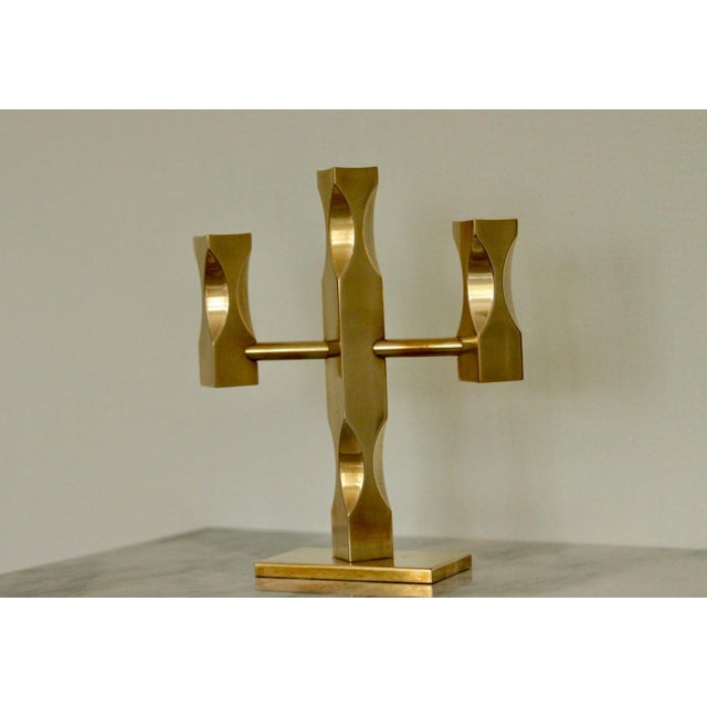 Swedish Three-Arm Candelabra in Brass by Lars Åkesson for Vallonmässing For Sale - Image 10 of 10