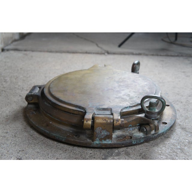 Brass Early 20th Century Solid Brass Maritime Ships Porthole Storm Cover Window For Sale - Image 8 of 13