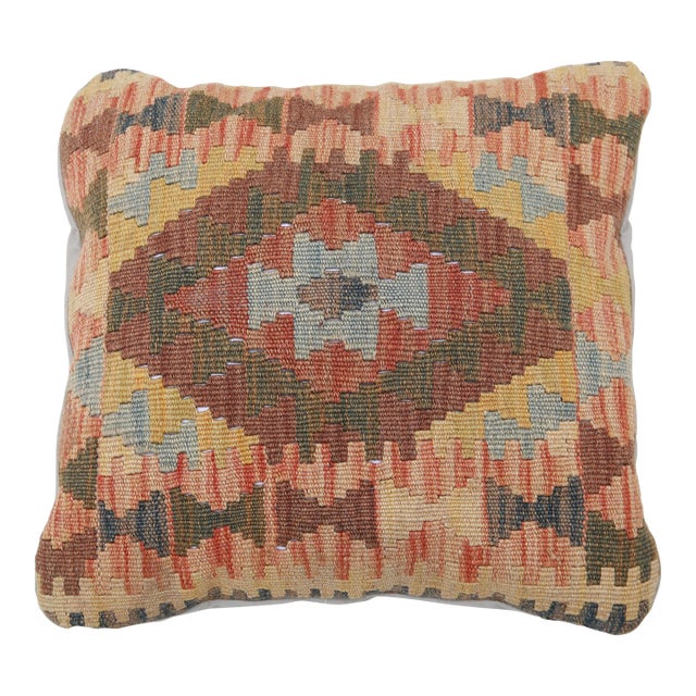 Arteverk Handwoven Afghan Kilim Pillow — Blue & Gold Diamond Medallion For Sale