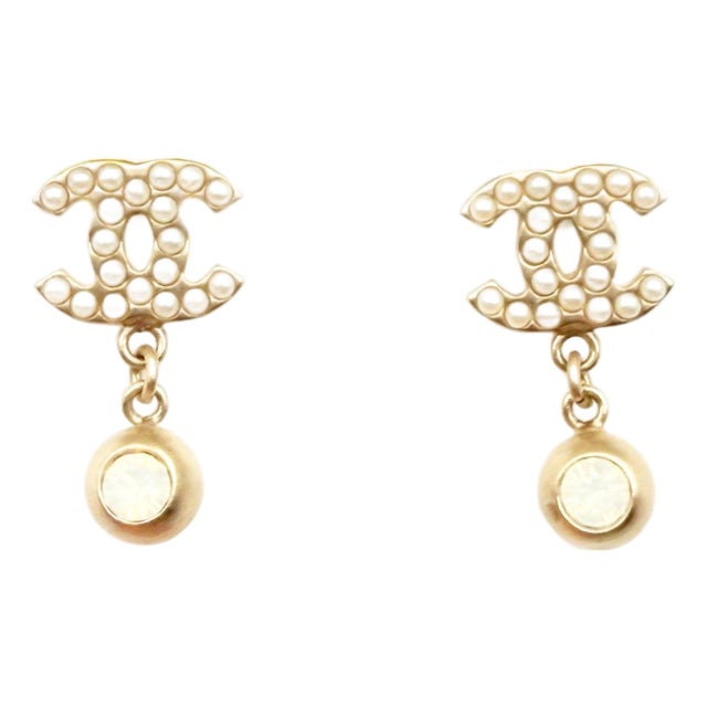 Chanel Vintage Gold Plated CC Pearl Opal Dangle Small Piercing Earrings, A Pair For Sale