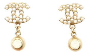 Chanel Vintage Gold Plated CC Pearl Opal Dangle Small Piercing Earrings, A Pair