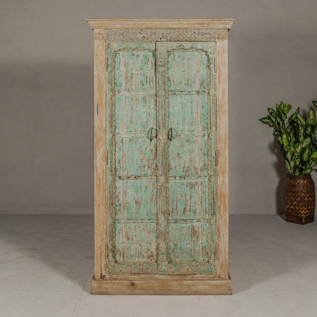 Reclaimed Wood Almirah Armoire with Weathered Green Patina and Three Shelves For Sale In New York - Image 6 of 12