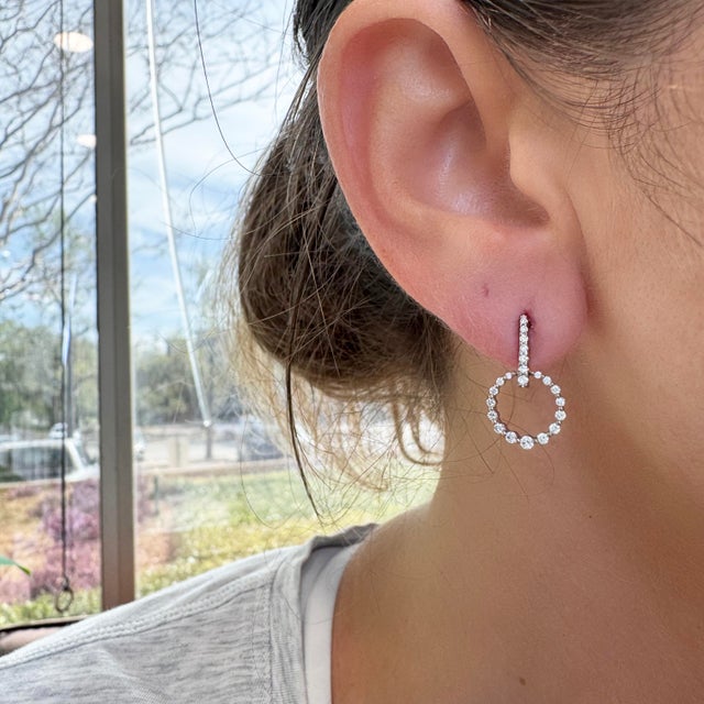 Ladies 14k White Gold Circle Pave Diamond Drop Earrings For Sale In Houston - Image 6 of 7