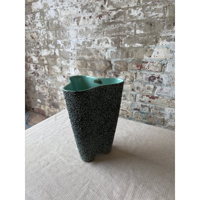 Mid-Century Modern Vintage Kenwood Art Pottery Sculptural Vase – Aqua & Black Speckled Glaze For Sale - Image 3 of 8
