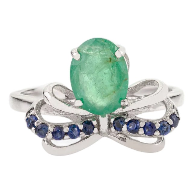 Modernist 8x6mm Emerald Solitaire Ring With Sapphire in Sterling Silver - Size 7 For Sale