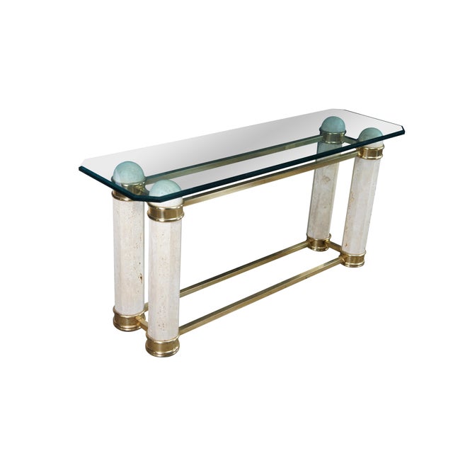 Modern Vintage Italian Regency Travertine Stone Brass & Glass Console Hall Sofa Table For Sale - Image 3 of 12