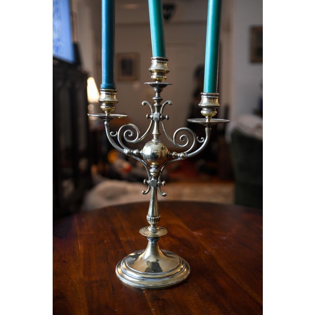Brass 3-Armed Candelabra Victorian Brass Candleholder Birmingham, England For Sale - Image 14 of 15