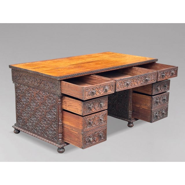 Mid 19th Century Anglo-Indian Carved Padauk Partner's Desk, 1860s For Sale - Image 5 of 18
