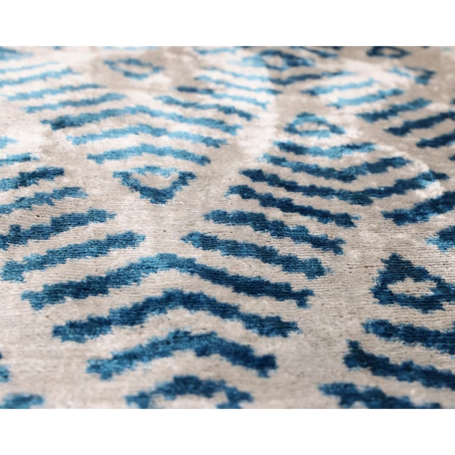 Mid-Century Modern Handmade Blue Ikat Silk Velvet Pillow 20x20 | Designer Accent Cushion For Sale - Image 3 of 8