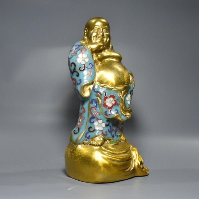Late 20th Century Cloisonné Enamel Laughing Buddha Standing Figurine, Gilded Copper Floral Statue For Sale - Image 4 of 9