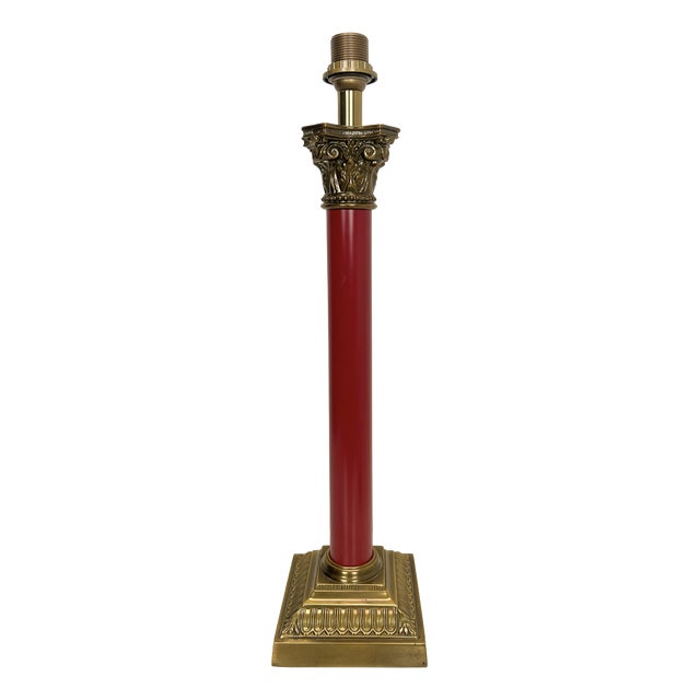 Large Brass and Red Lacqued Corinthian Column Table Lamp, 1970s For Sale