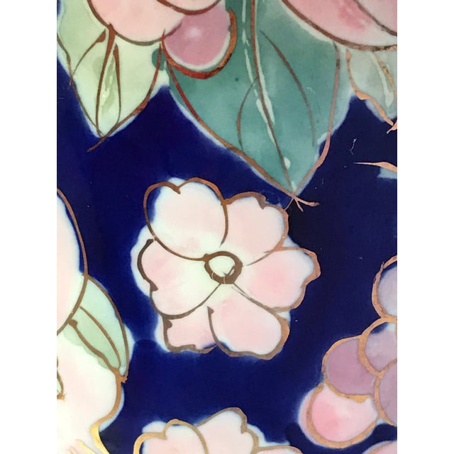 Vintage Floral and Fruit Chinoiserie Blue Gold Pink Jardiniere Vase For Sale - Image 11 of 12