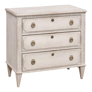 Swedish Gustavian Style 19th Century Painted Wood Three Drawer Carved Chest For Sale