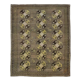 Vintage Bokhara Rug in Green With Bold Octagon Geometric Grid - Rug & Kilim For Sale