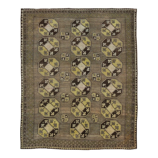 Vintage Bokhara Rug in Green With Bold Octagon Geometric Grid - Rug & Kilim For Sale