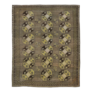 Vintage Bokhara Rug in Green With Bold Octagon Geometric Grid - Rug & Kilim