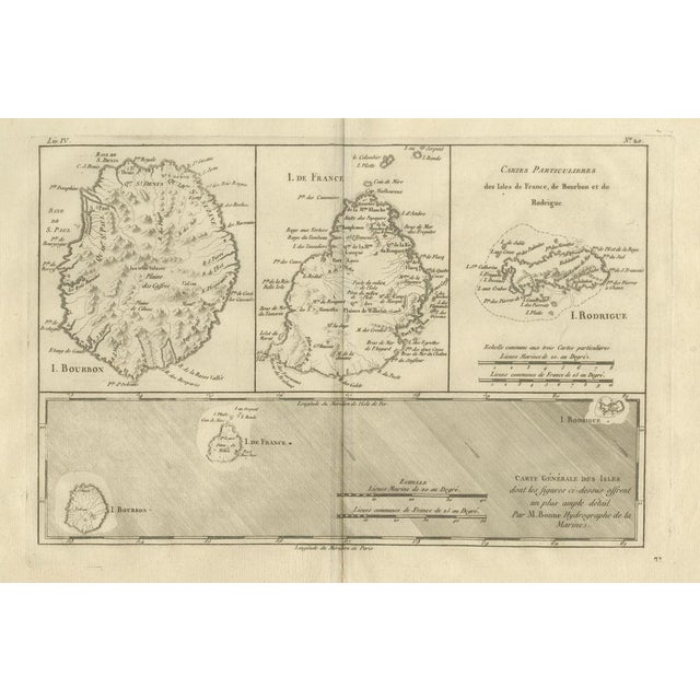 Map of French Indian Ocean Islands Bourbon, Isle De France & Rodrigues by Bonne, 1780s For Sale - Image 3 of 9