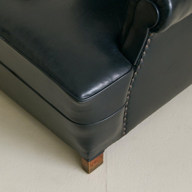 Vintage French Black Leather High-Back Club Chair with Wooden Legs - 2 Available For Sale - Image 16 of 18