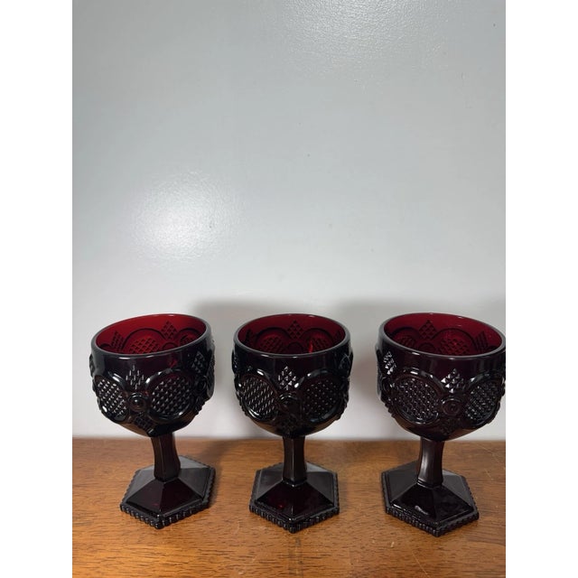 1970s Vintage Ruby Red Pressed Glass Goblets Diamond Pattern Pedestal Stemwar - Set of 3 For Sale - Image 5 of 18