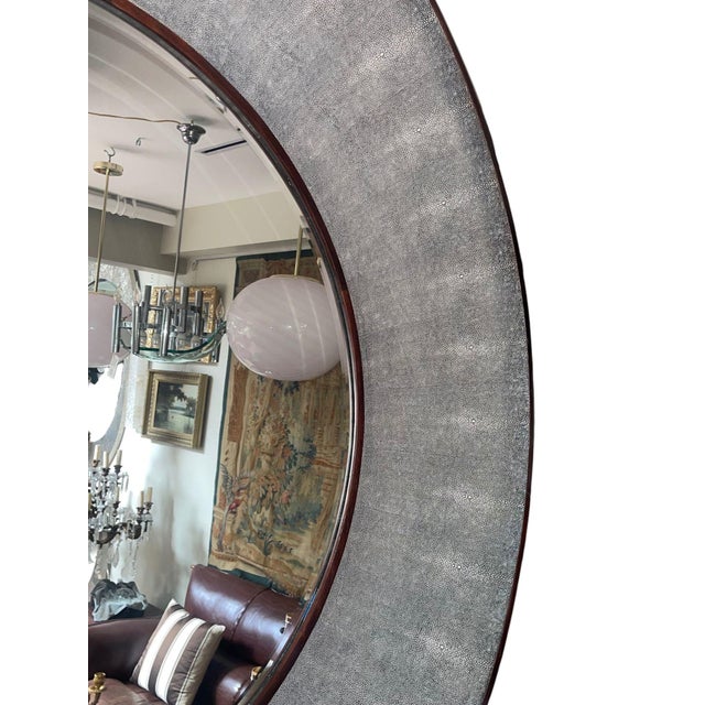 Italian Faux Shagreen & Walnut Concave Round Mirror, Late 20th Century. For Sale - Image 4 of 7