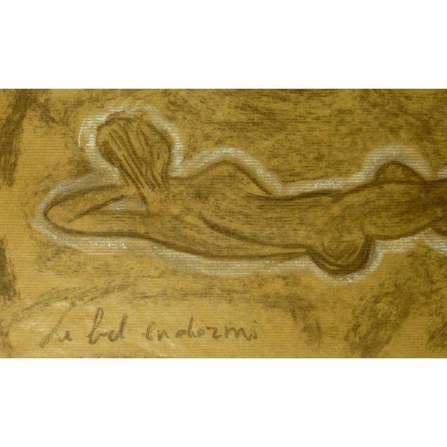 Warm charcoal drawing of pair of nudes laying on sides in rich earth tones, circa 1980. Signed lower left. Original...