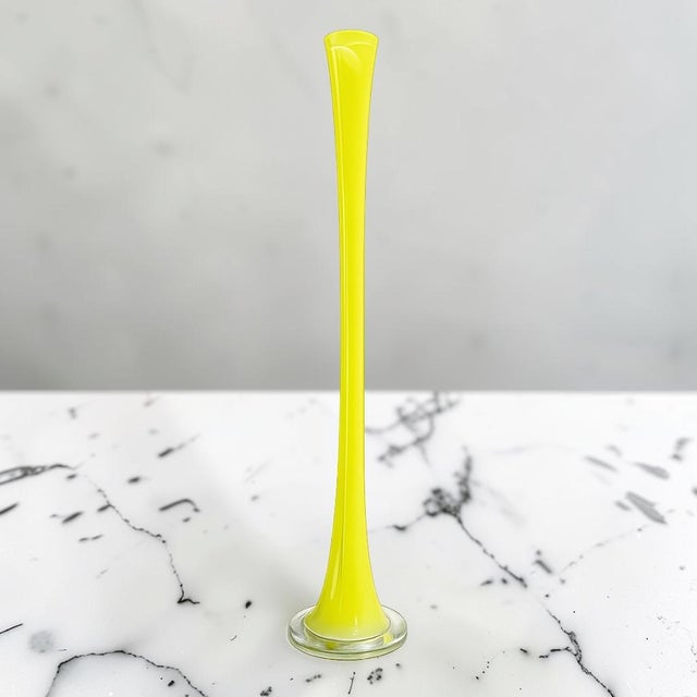 Very unique vintage hand blown glass vase by Polish artist Makora Krosno. Bright, keylime green glass with clear circular...