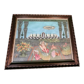 Late 20th Century Deco Revival Watercolor, Terrace With Reclining Nude, Gramophone and Goodyear Blimp For Sale