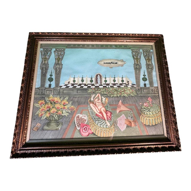 Late 20th Century Deco Revival Watercolor, Terrace With Reclining Nude, Gramophone and Goodyear Blimp For Sale