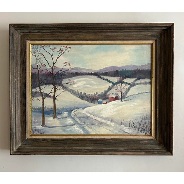 Vintage snowy farm landscape oil painting. In vintage wood frame, painted on 18 x 24” canvas panel. Signed ‘A. Dankel’ to...