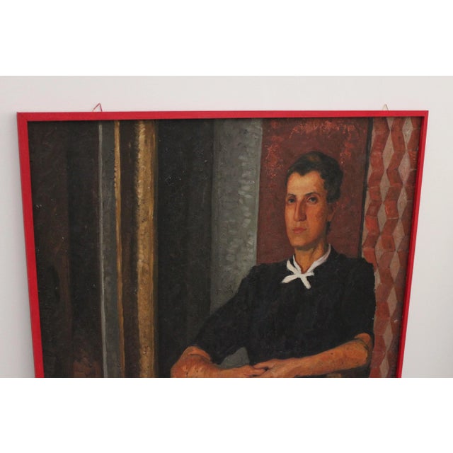 Oil on panel of symbolist and metaphysical inspiration depicting a young woman, placed in a strong context of almost...