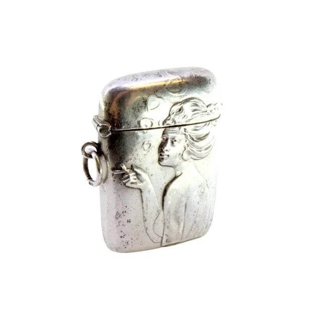 Metal Art Nouveau Silver Matchbox with Relief Figure of Smoking Lady For Sale - Image 7 of 7