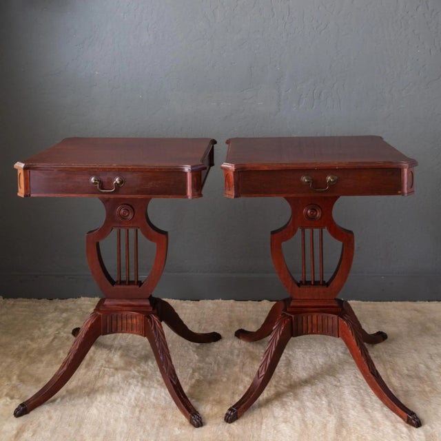Set of Mersman Harp and Lyre Mahogany SideTables With Brass Feet and Drawers For Sale - Image 10 of 17