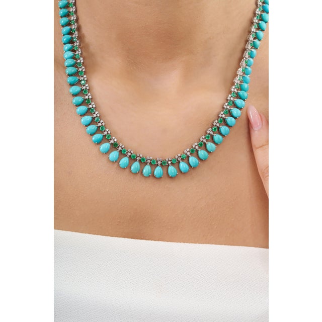 Not Yet Made - Made To Order Contemporary 47.9ct Turquoise, Emerald & 2.1ct Diamond 14k White Gold Wedding Necklace For Sale - Image 5 of 17