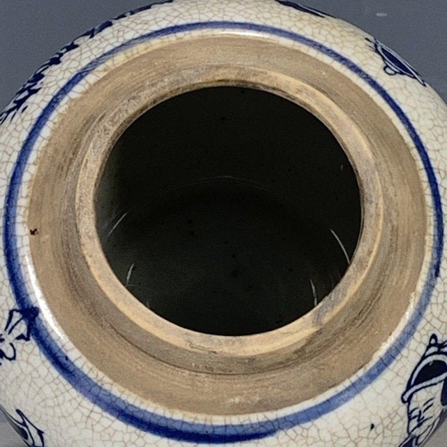 1970s Blue & White Porcelain Ginger Jar With Figural Scene & Crackle Glaze, 4.3" For Sale - Image 9 of 9