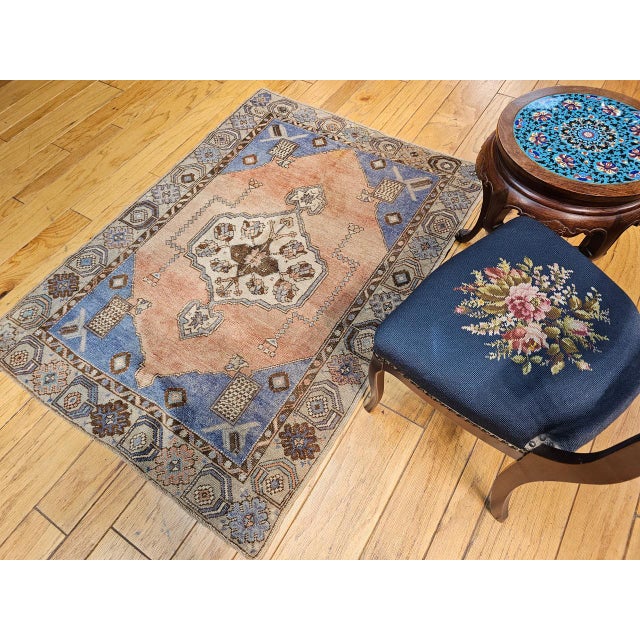 Turkish Vintage Turkish Oushak Area Rug, Hand-Knotted Wool, Blue & Tan, 4' x 6' For Sale - Image 3 of 15