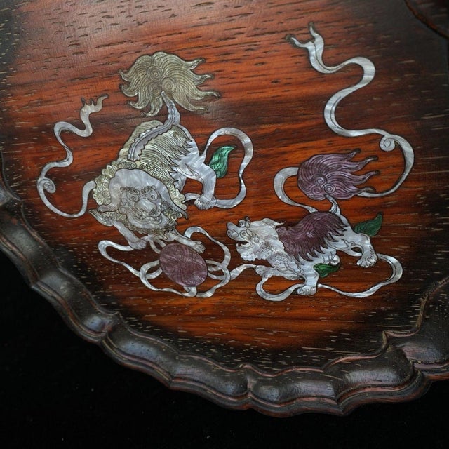 Vintage Chinese Rosewood & Mother-of-Pearl Inlay Dish – "Lion Dance" Motif For Sale - Image 10 of 10